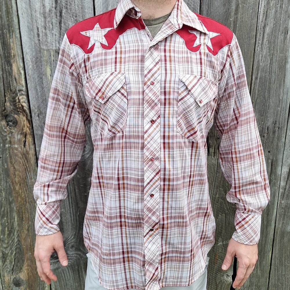 Miller western wear vintage pearl snap button down plaid rodeo shirt cowboy red